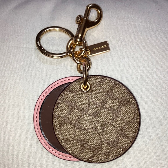 Coach Pink and Brown Signature C Bag Charm/Key Holder mirror gold hardware - Picture 2 of 15